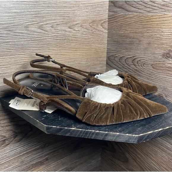 ZARA Velvet Slingback Kitten Heels NWT β Brown Ruched Pointed Toe, Size 7.5 - Picture 6 of 16